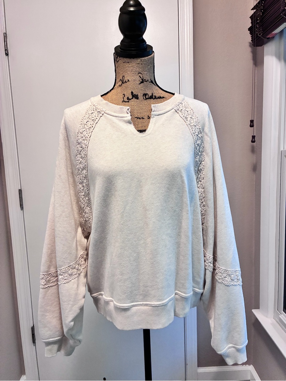 aerie Cream Lace-Trim Notch Pullover Sweatshirt